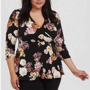 Torrid Top size 3X Black Floral Studio Knit Wrap Peplum Stretch Knit